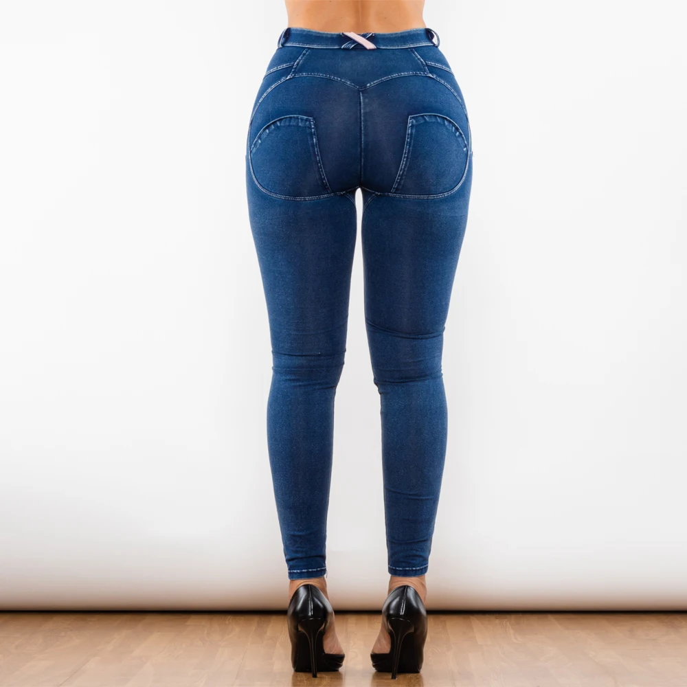 Shascullfites Denim Jeans Blue Women Push Up Hip Ripped Jeans Middle Waist Ripped Blue Lifting Jeggings