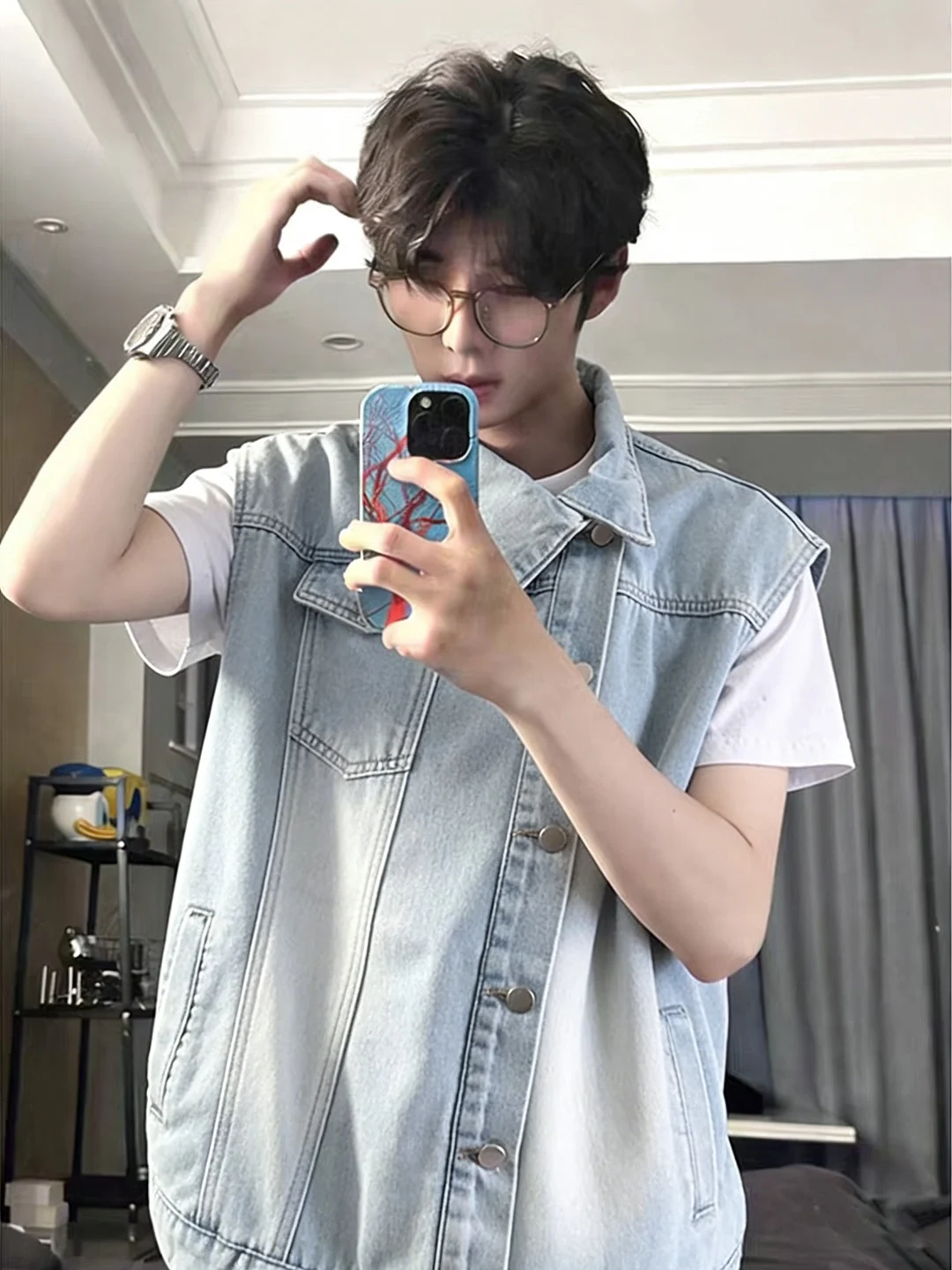 

Светло-голубой мужской джинсовый жилет в американском винтажном стиле, рабочая одежда с подплечниками, высококачественный молодежный тренд