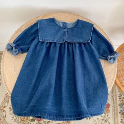 Autumn baby clothes, 0-6 year old girls denim clothes, sisters clothes, cute wear large lapels dress