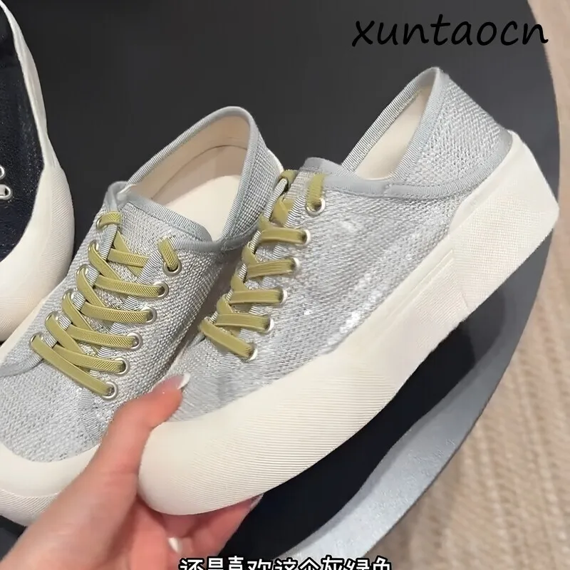 

Summer New Glitter Diamond Mesh Breathable Slip-On Thick Bottom Board Shoes Women's Casual Sneakers round Toe