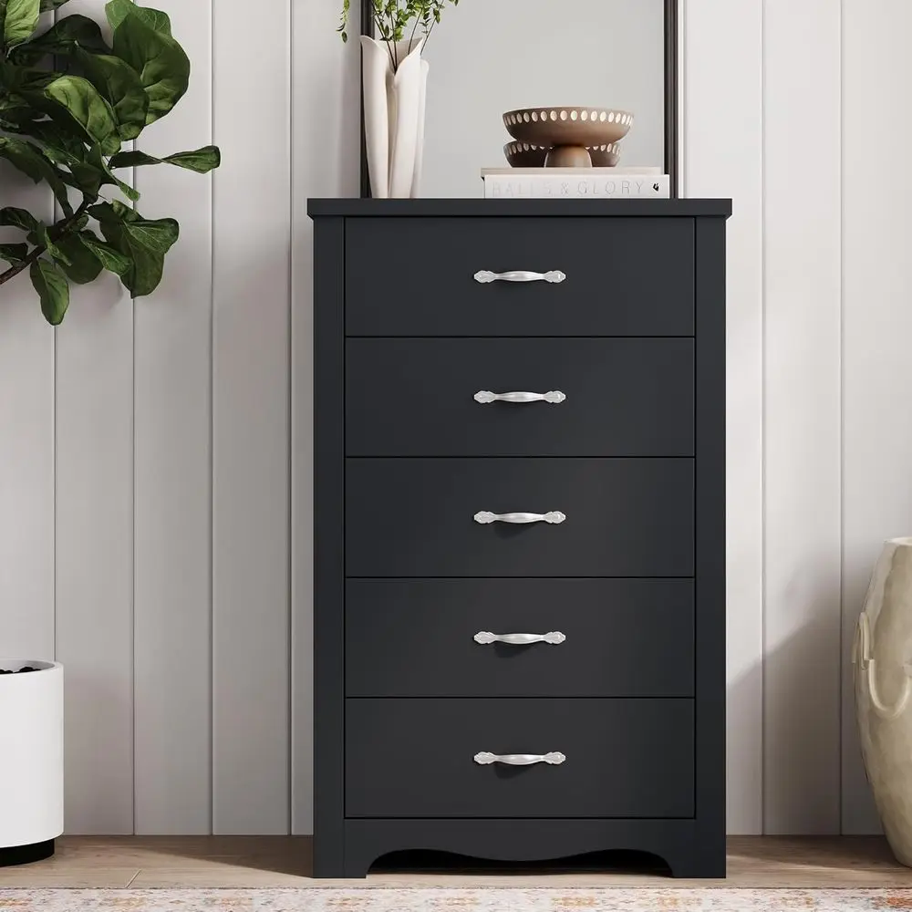 DAFIFY 背の高い寝室用ドレッサー、大きな引き出し、金属製のハンドル、リビングルーム、廊下用の木製収納キャビネット - ブラック