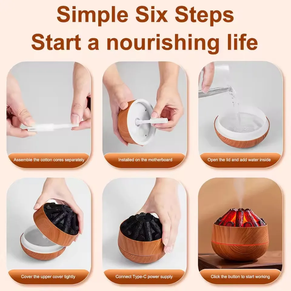 2025 ناشر رائحة صغير مع ضوء الليل جديد الفحم الاصطناعي النار الهواء المرطب ضباب البخاخ للمنزل