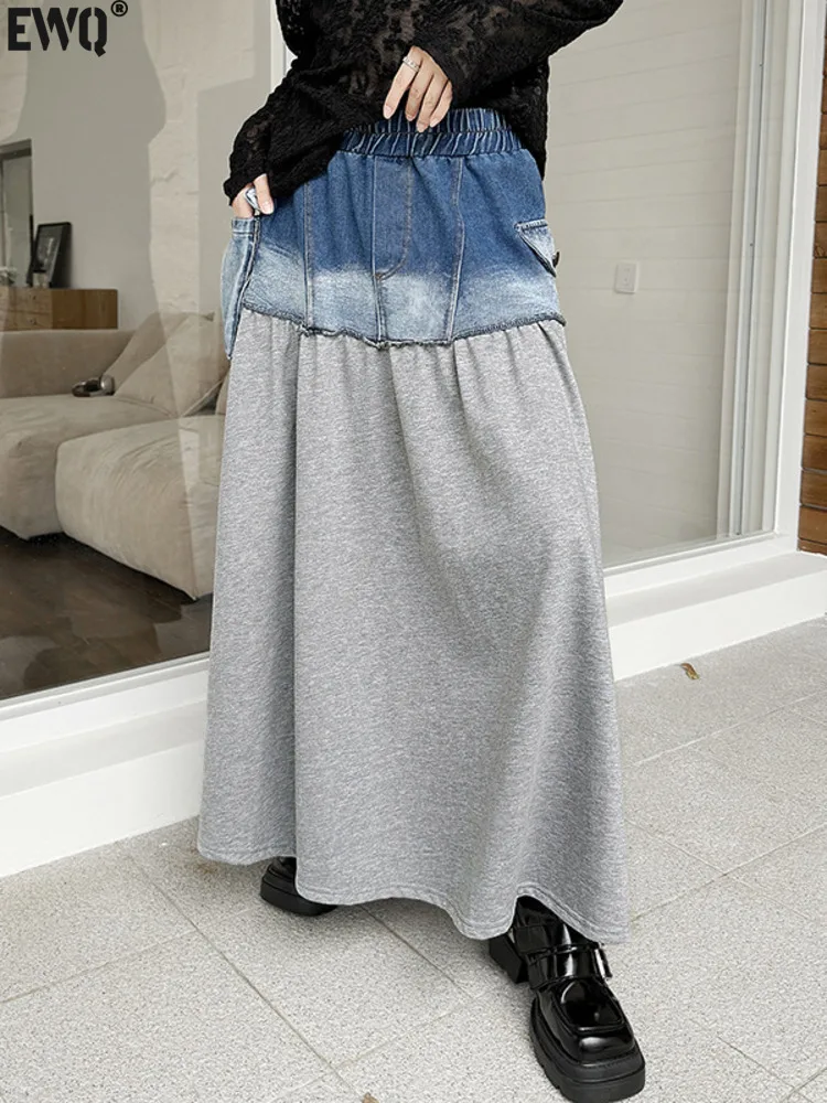 

[EWQ] Elastic High Waist Denim Spliced Knit Skirts 3D Pockets Design Fashion Women A-line Skirt 2024 Autumn New Tide 16O1776