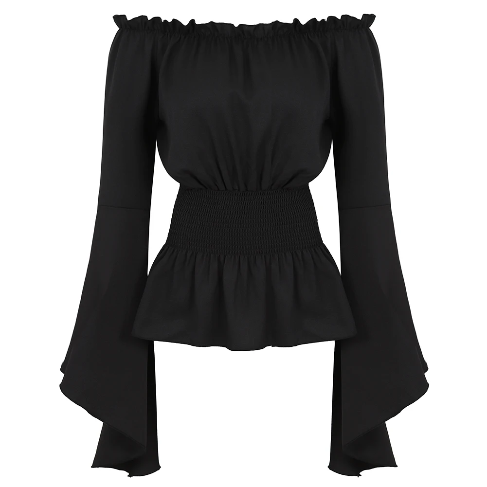 Women Elastic Waist Corset Gothic Renaissance Blouse Long Sleeve Off Shoulder Shirt Halloween Costume Boho Plus Size S-2XL