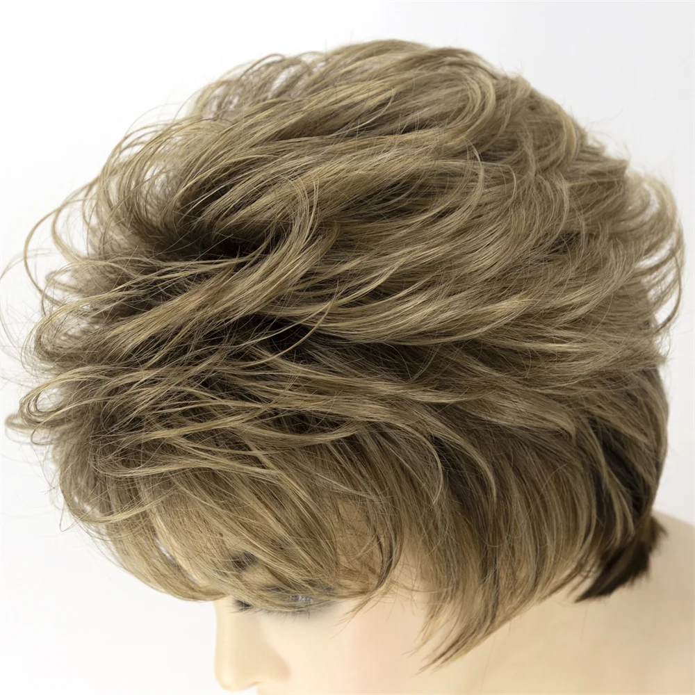 Short Pixie Cut Synthetic Wigs For Women Natural Straight Curly Ombre Blonde with Bangs Hair Style Daily Use Womens Hair Wig