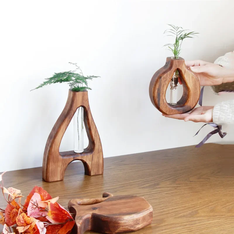 Handmade Solid Wood Vase Hollow Out Glass Test Tube Flower Arrangement Hydroponics Wooden Flower Vase Potted Home Furnishings