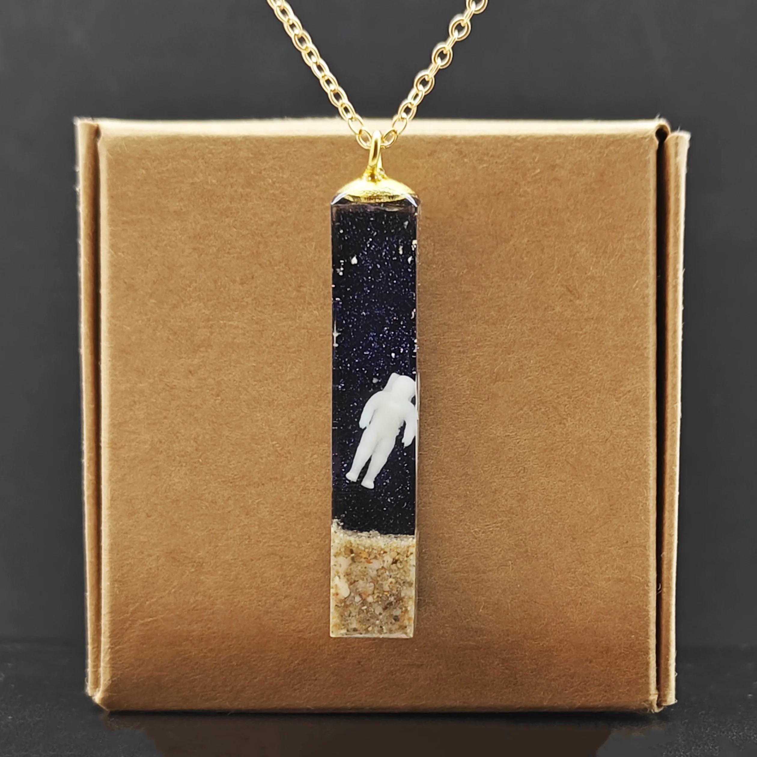 Astronaut Floating Outer Space Starry Sky Cosmonaut Spaceman Cube Resin Gold Color Pendant Chain Long Necklace Women Handmade