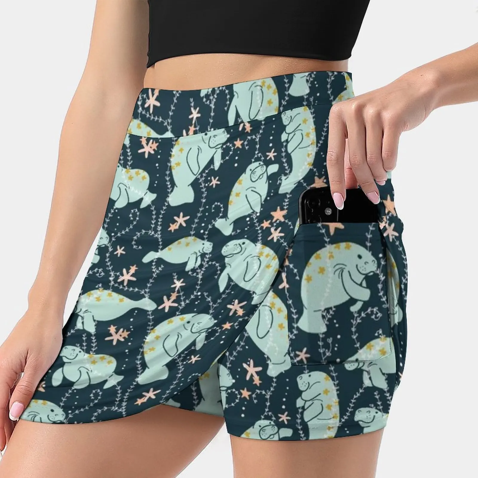 Oh The Hue-Manatee : Teal Women's skirt Mini Skirts A Line Skirt With Hide Pocket Manatee Florida Manatee Sea Life Endangered