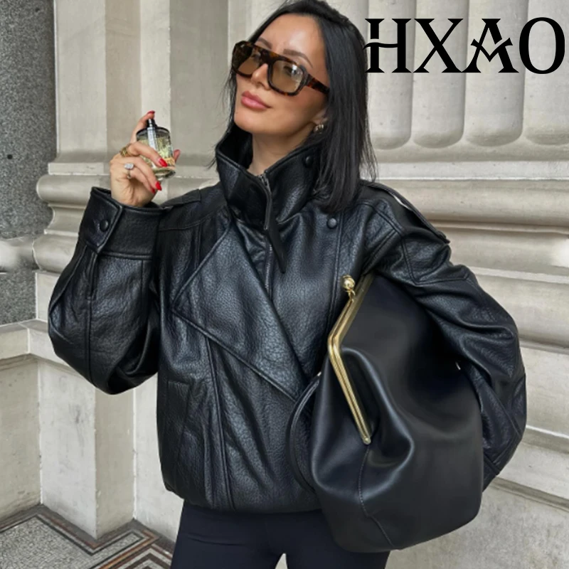 HXAO Faux Leather Bomber Jacket Coats Demi-Season Black Jackets For Woman Outerwears Snap Button Cropped Motorcycle Jacket