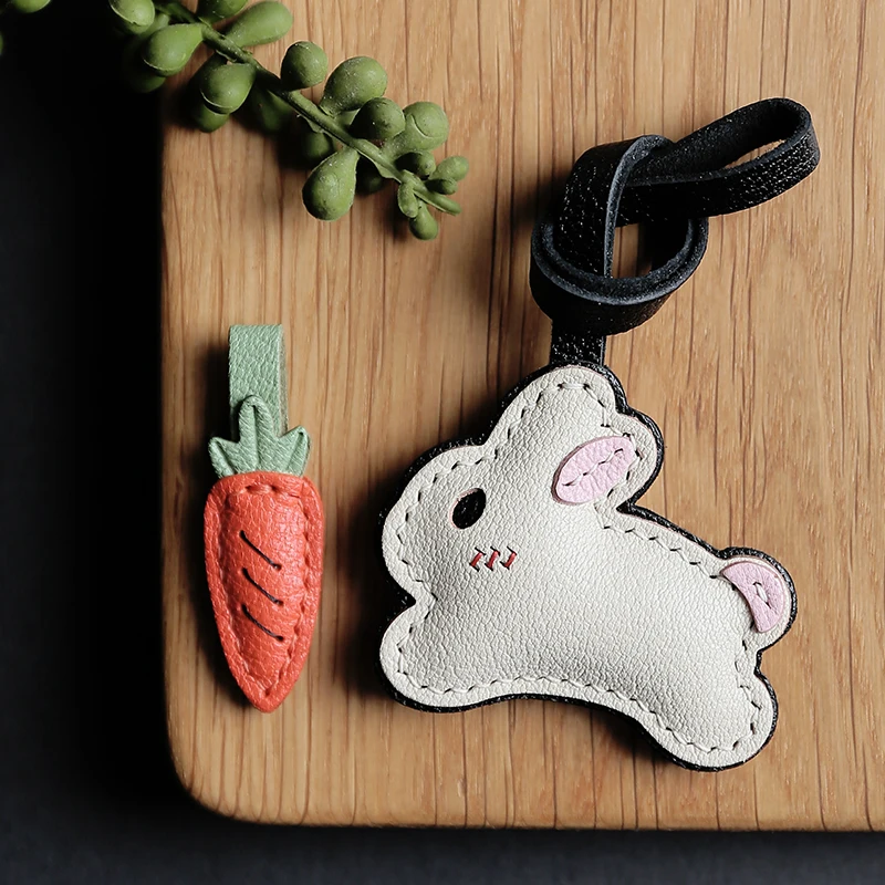 

Handmade Genuine Leather Cute Bunn y with Carrot Bag Charm Key Ring
