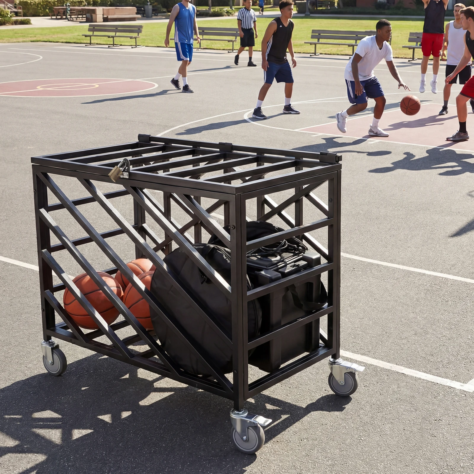 

Basketball Rack with Wheels Rolling Exercise Ball Holder with Lockable Lid for Volleyball Gym Recess Soccer Playground