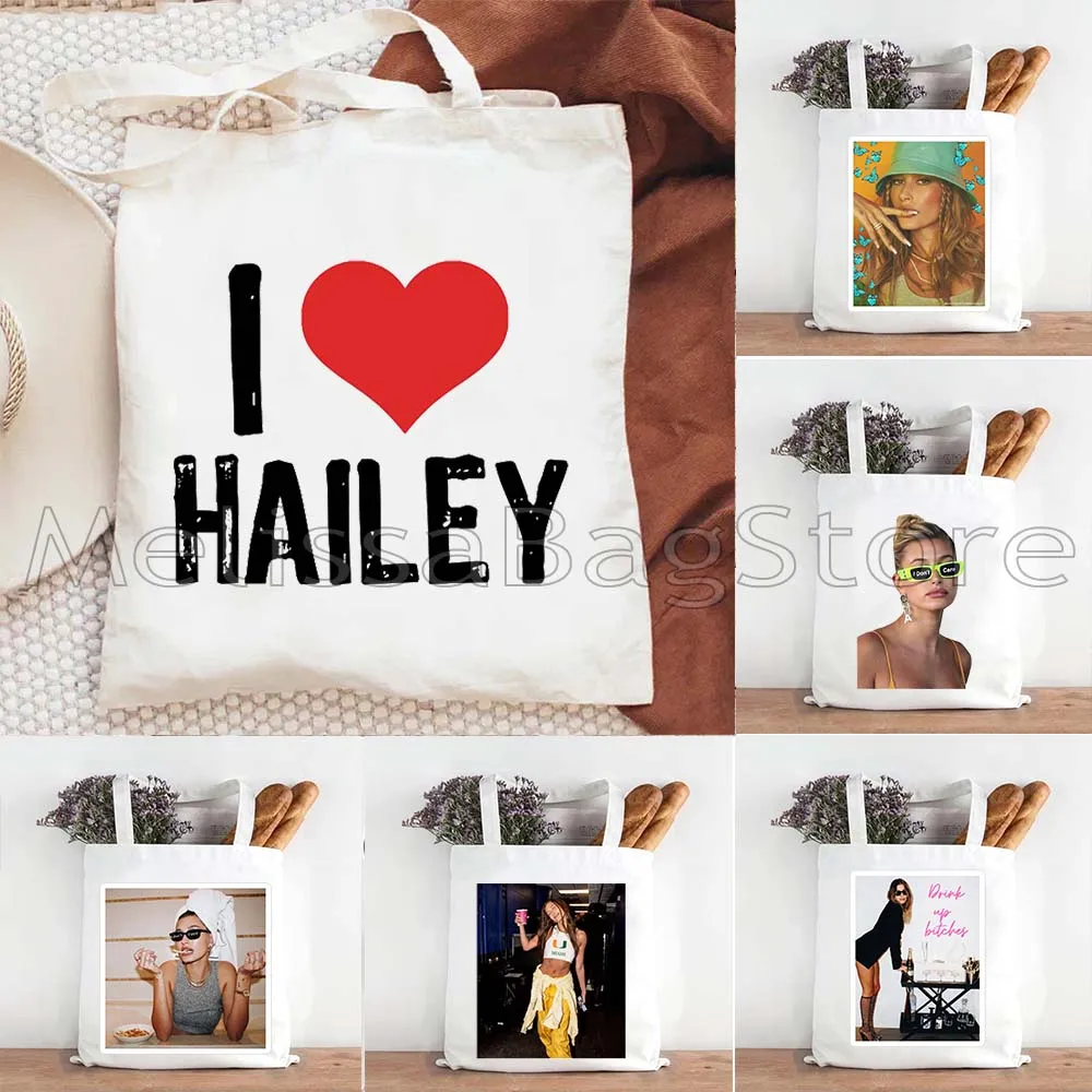 Funny Cute Fashion Hailey Bieber Love Heart Queen Girl Student Women Canvas Tote Bag Shoulder Shopper Cotton Handbag Books Bags