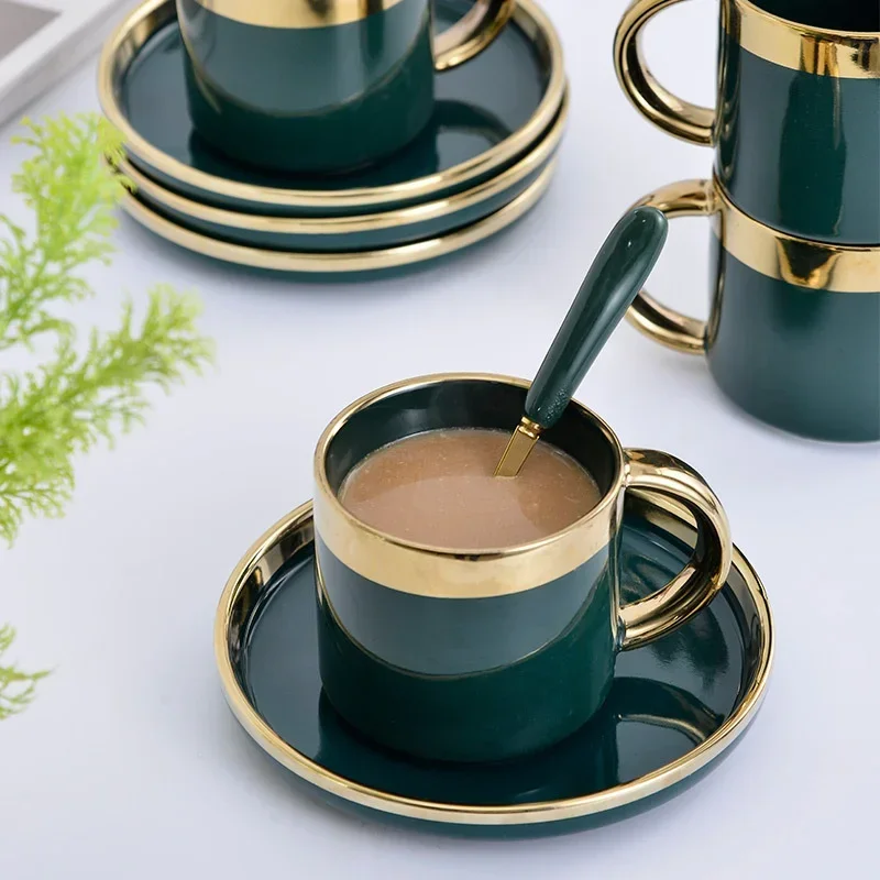 European Luxury Green Ceramic Coffee Cup Set, 6-Piece Set with Spoon and Dish, Milk Tea Gift Box, Personalized 600ml Mugs