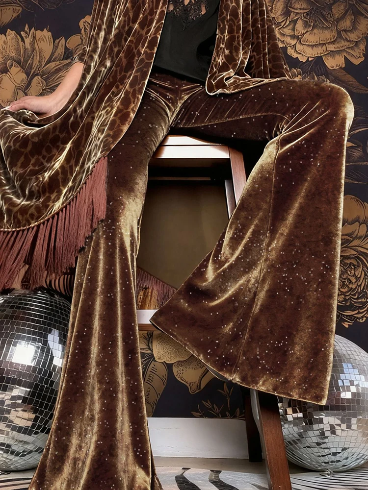 Herbst Winter Neue Frauen Einfarbig Pendeln Hosen Elegante Dünne Temperament Hose Vintage Samt Pailletten Hohe Taille Flare Hosen