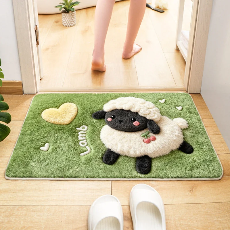 VIKAMA Cute 3D Plush Lamb Doormat Cartoon Sheep Heart Cherry Anti Slip Absorbent Rug For Kids Bathroom Entry Kawaii Home Decor