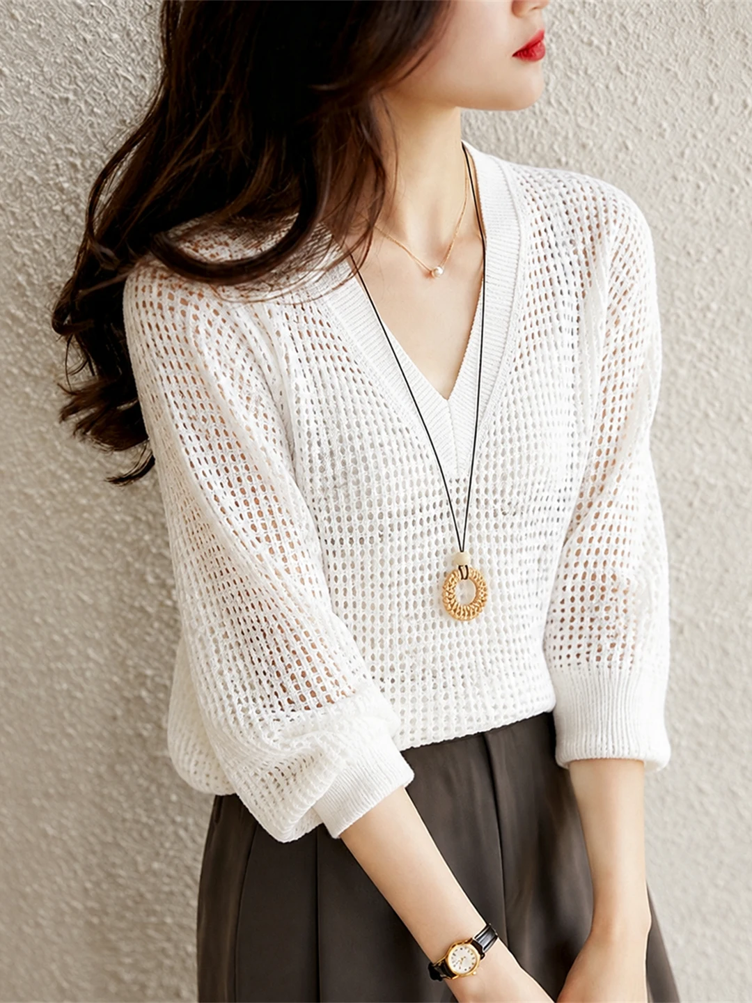 Fall 2026 Breathable Skin-friendly Knitted V-neck Hollow out Versatile Commute Style Long Sleeve Women's Fashion Top