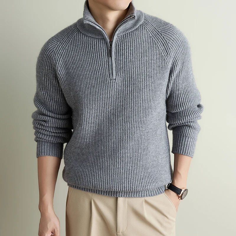 Luxury New Trend knitted sweater half zipper stand collar pullover solid color autumn winter soft comfort casual men's clothing