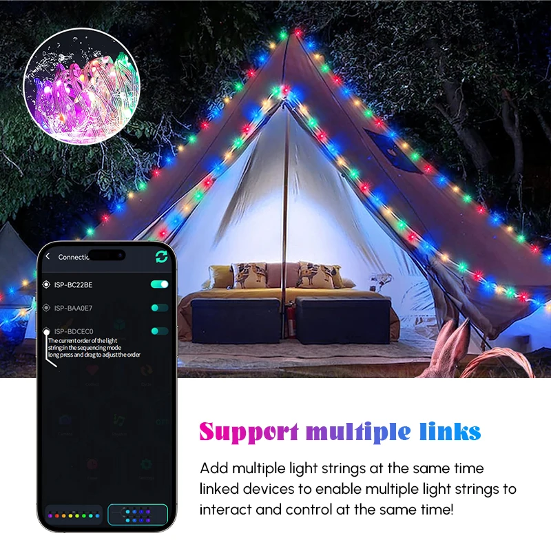 RGB IC Luzes de Natal para árvore, Luzes LED Fairy String, Luzes de acampamento ao ar livre, Decoração de festa de Ano Novo, 2024