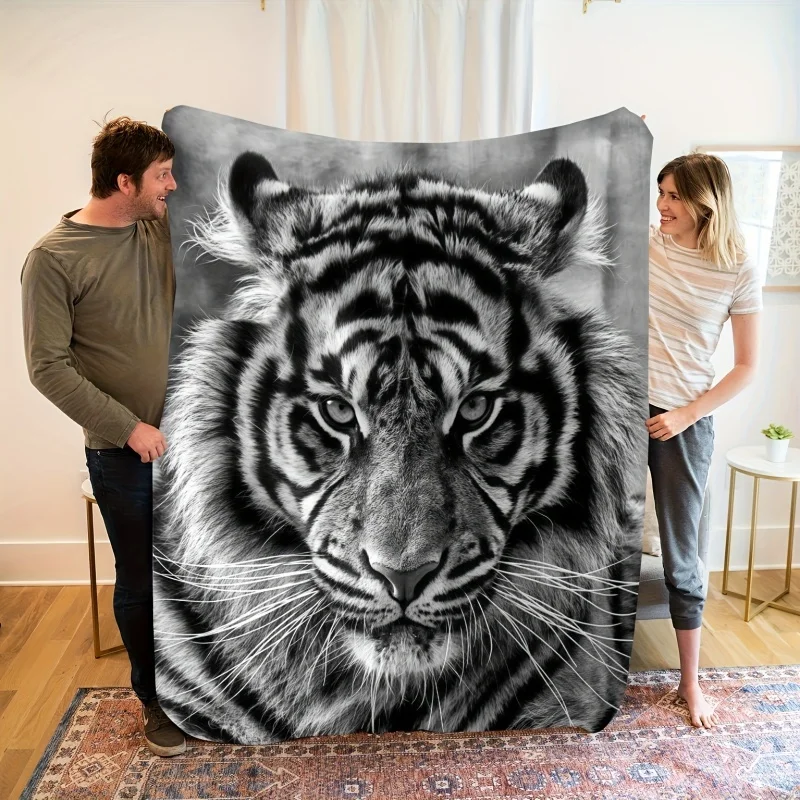 Monochrome Realistic Tiger Face Portrait Flannel Throw Blanket, Warm Wild Animal Blanket for Animal Fan Living Room Sofa