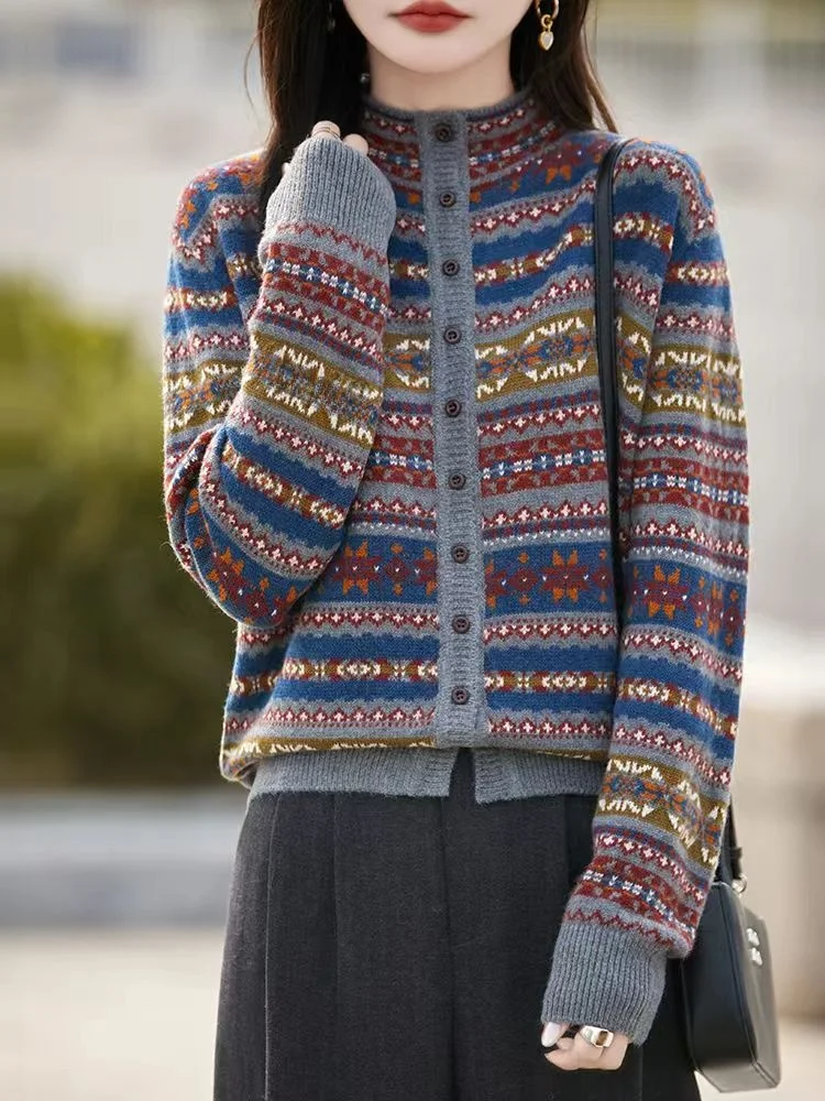 

Retro Sle Thiened Knitted Open Cardigan Women's Autumn Winter Loose Fit f High Collar Sweater Geometric Pattern Ladies...