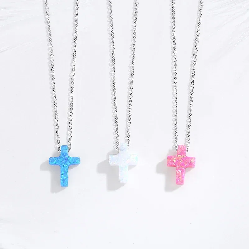 KALETINE Women Cross Opal Necklace Genuine 925 Sterling Silver Lab Opal Blue Cross Charm Opal Necklace KLTN019