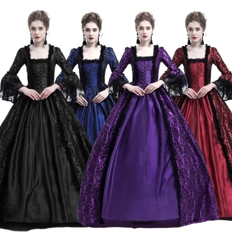 

Women's Vintage Court Cosplay Lace Patchwork Dress Medieval Renaissance Queen's Ball Dress Bell Sleeve Long Dress Halloween