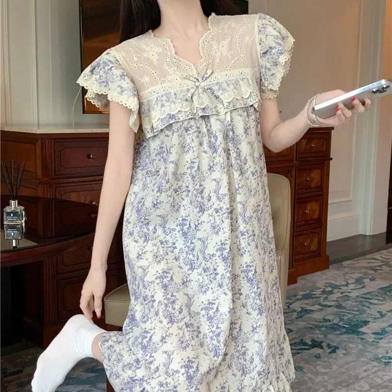 Lace Women Nightgown Sleepwear Floral Short Sleeve Night Dress Summer Bow Night Wears Korean Sleeping One Piece Pajamas 2024 New