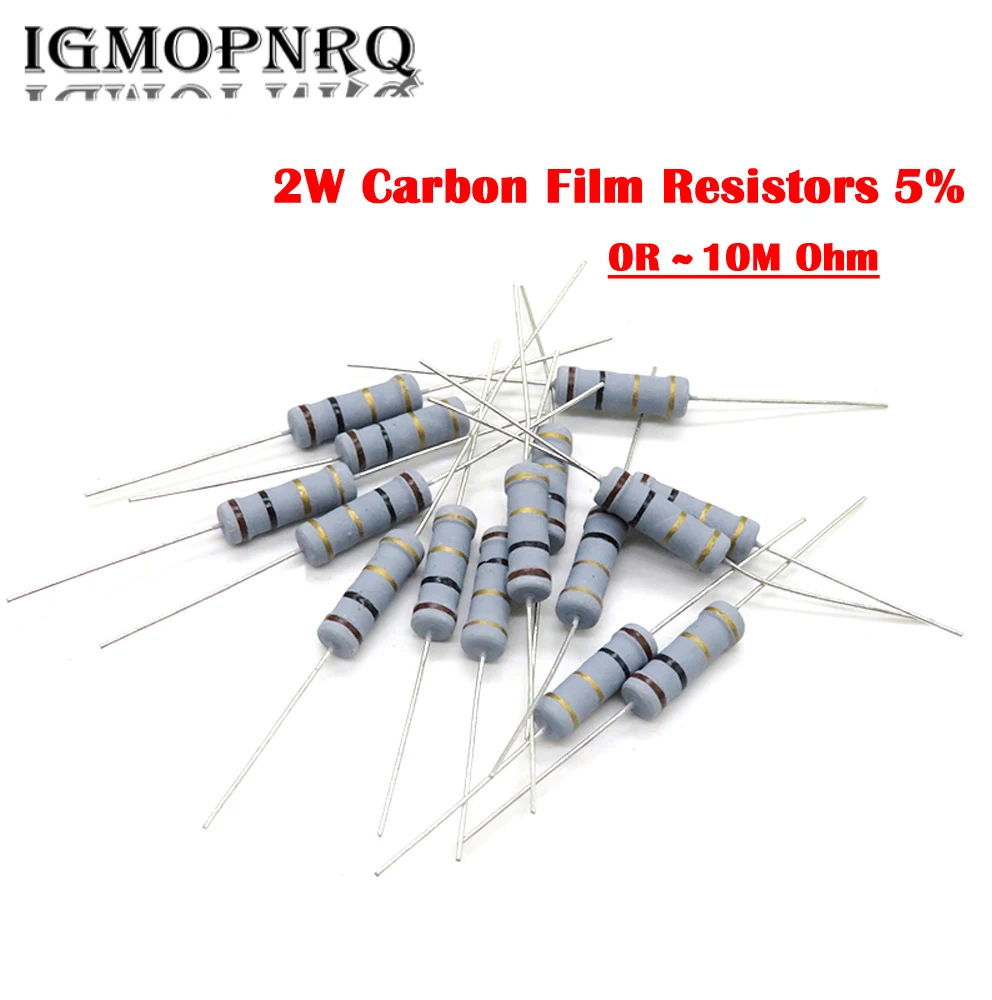 20PCS 2W Carbon Film Resistors 5% 1R-10M 10R 15R 47R 100R 220R 1K 5K 10K 4K7 100K 560K 200K 1M 3M3 10M Ohm Color Ring Resistance