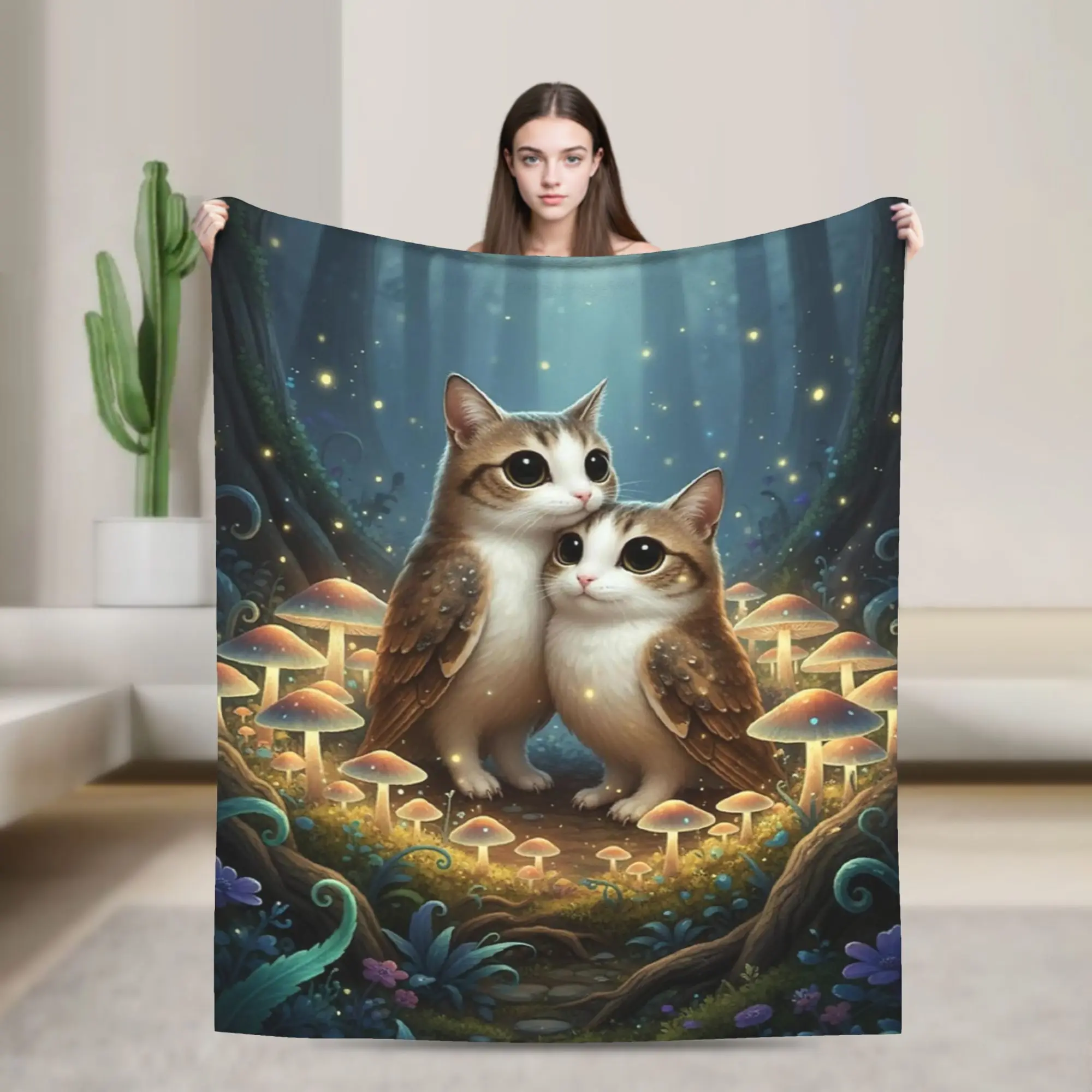 Warm Comfy Blanket Camping Two Meowls in Glowing Mushroom Ring Throw Blanket Trend  Bedspread For Home Decor