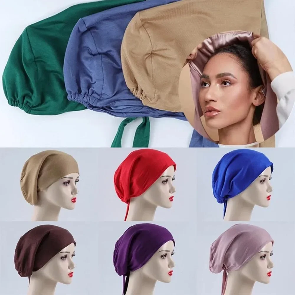 Women Muslim Jersey Inner Hijab With Satin Silk Modal Stretchy Underscarf Turban shawl Tudung Caps Bonnet With Inner Satin