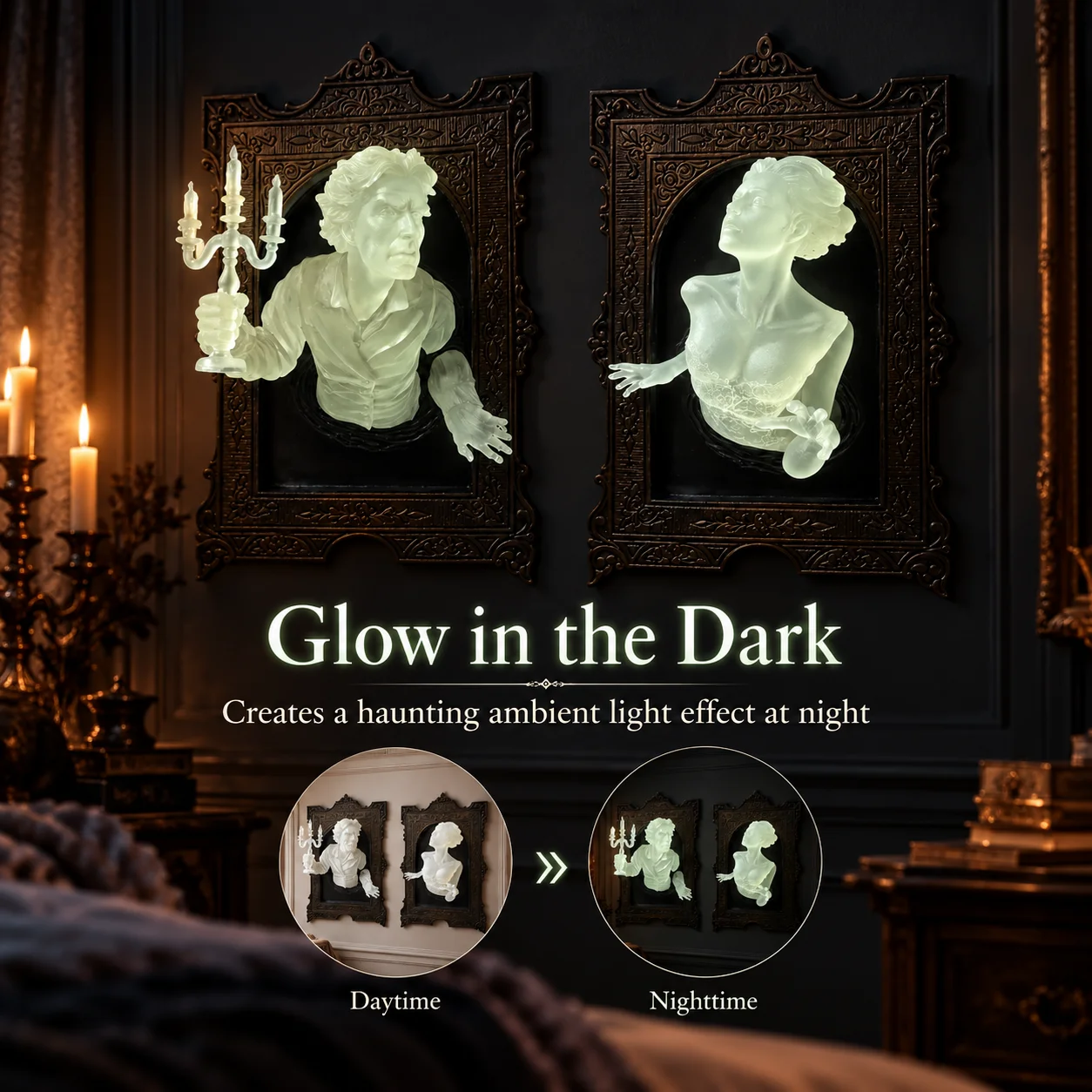 Glow In Dark Ghost In The Mirror Wall Plaque 3D Spooky Resin Phantom Statue Gothic Wall Hanging Halloween Haunted House Decor
