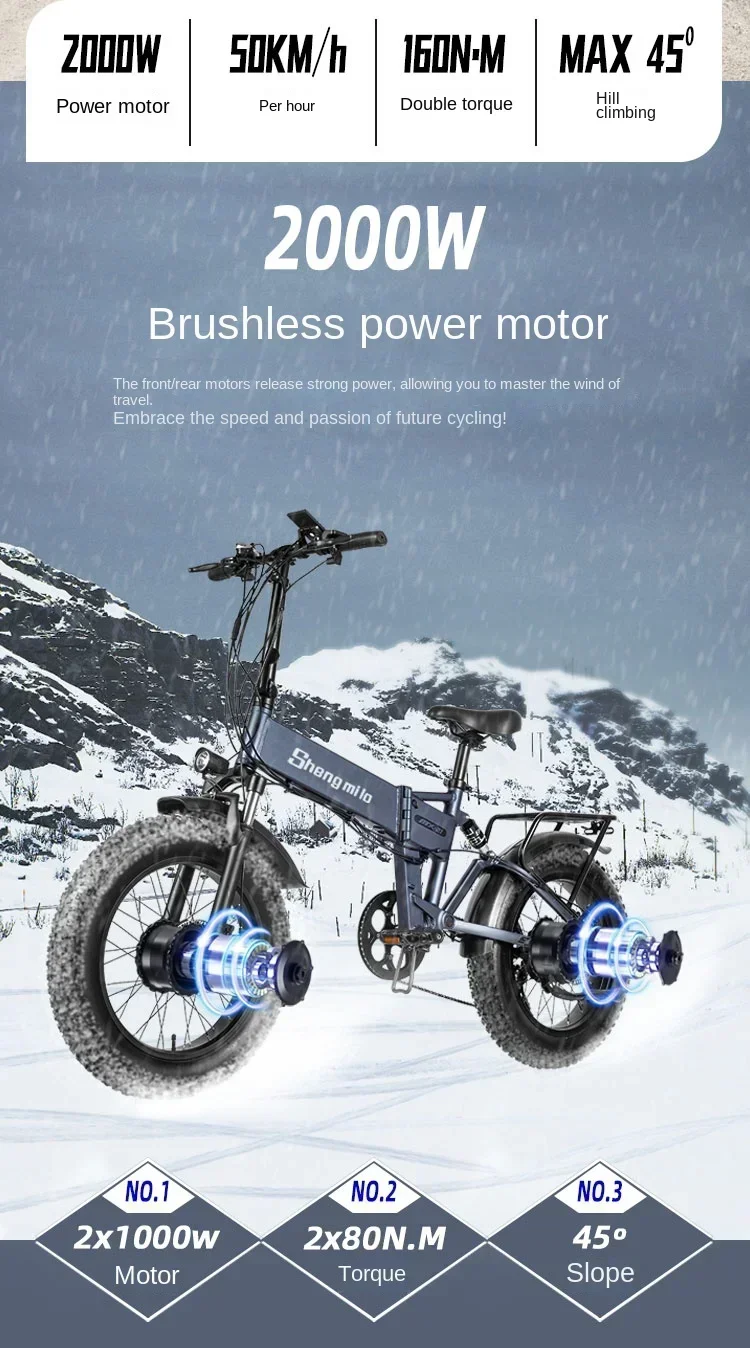 MX21 Mountain Electric Bike 2000W Dual drive 48V15AH Removable battery 20*4.0 Fat Tire Portable E-bicycle Foldable City E-Bike