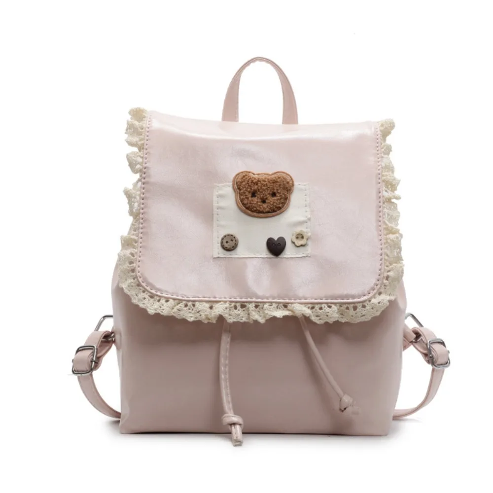 Sweet Ruffled Lace Fashion Backpack PU Leather Top Handle Drawstring Backpack Casual Ballet Style Cute Bear Knapsack Women