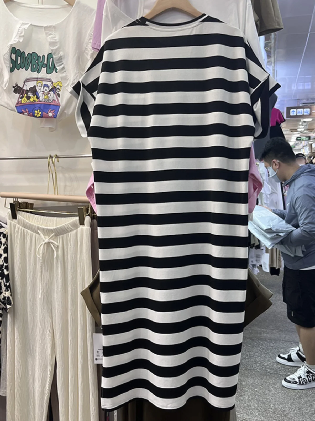 Été Faionable grande rayure imprimé femmes Dr décontracté paresseux t-shirt jupe longue a-ligne rétro rond Ne ort Sve Dr