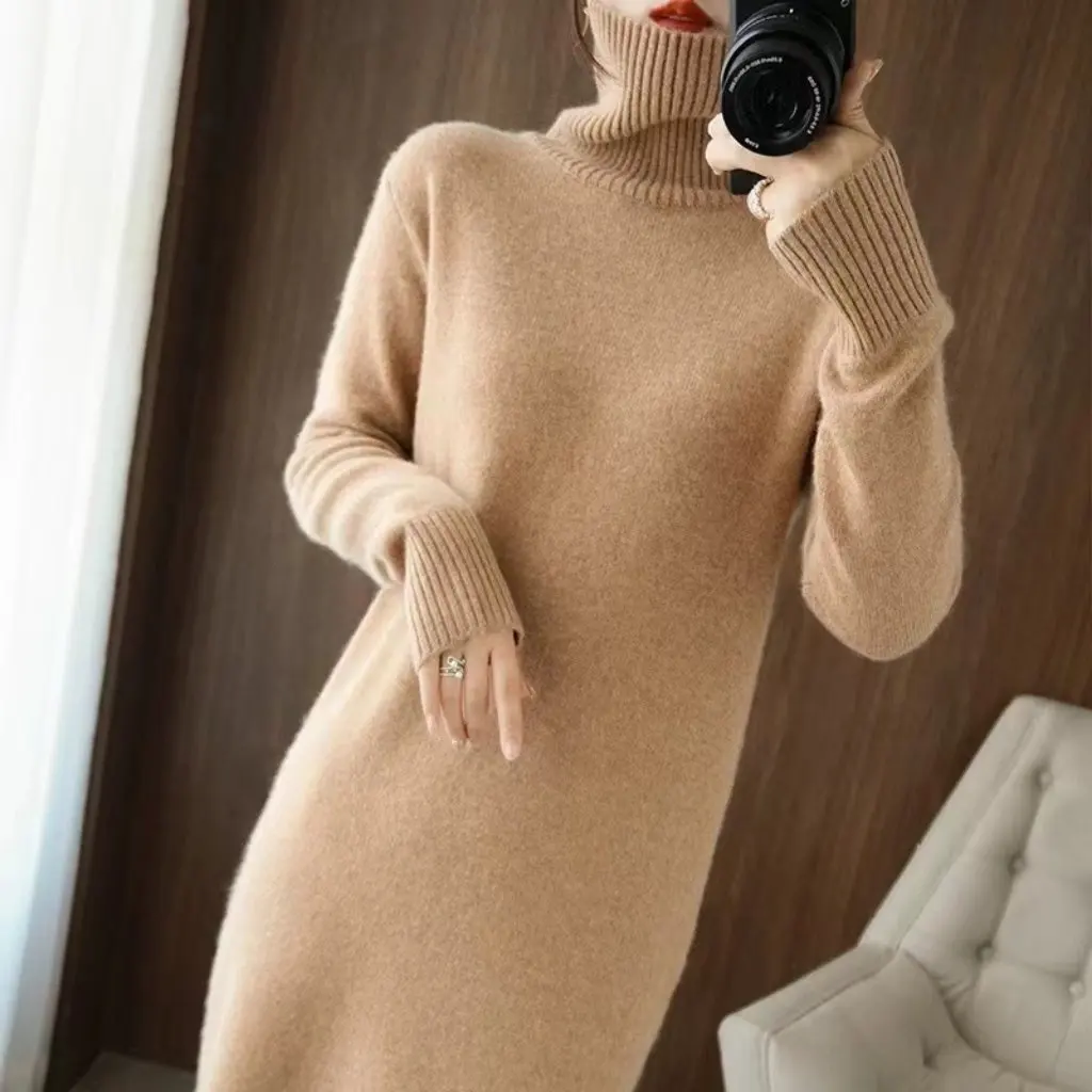 

Women's High Collar Sweater Dress Lazy Style Mid-Length Autumn Winter Loose Fashionable Long-Sleeved Knitted Base Shirt