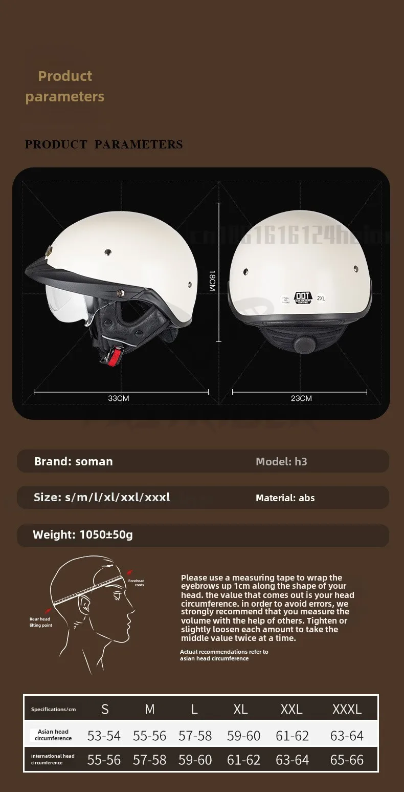 SOMAN Motorcycle Half Helmet with Inner Lens Retro Helmet for Men Women All Seasons Adjustable Head Circumference DOT Certified images - 6