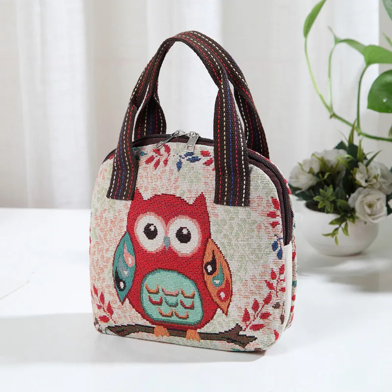 ISKYBOB Women Ethnic Handbags Travel Handle Zipper Canvas Tote Retro Animal Butterfly Elephant Owl Embroidery Cloth Coin Bag