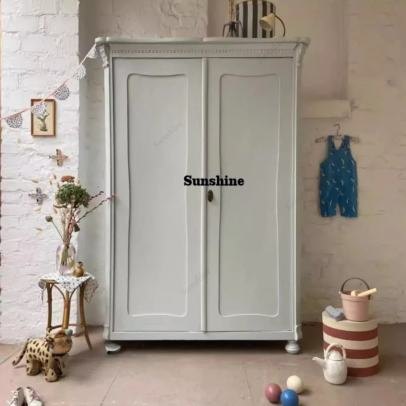 French simple double door wardrobe with pink carved decoration Separate storage cabinet