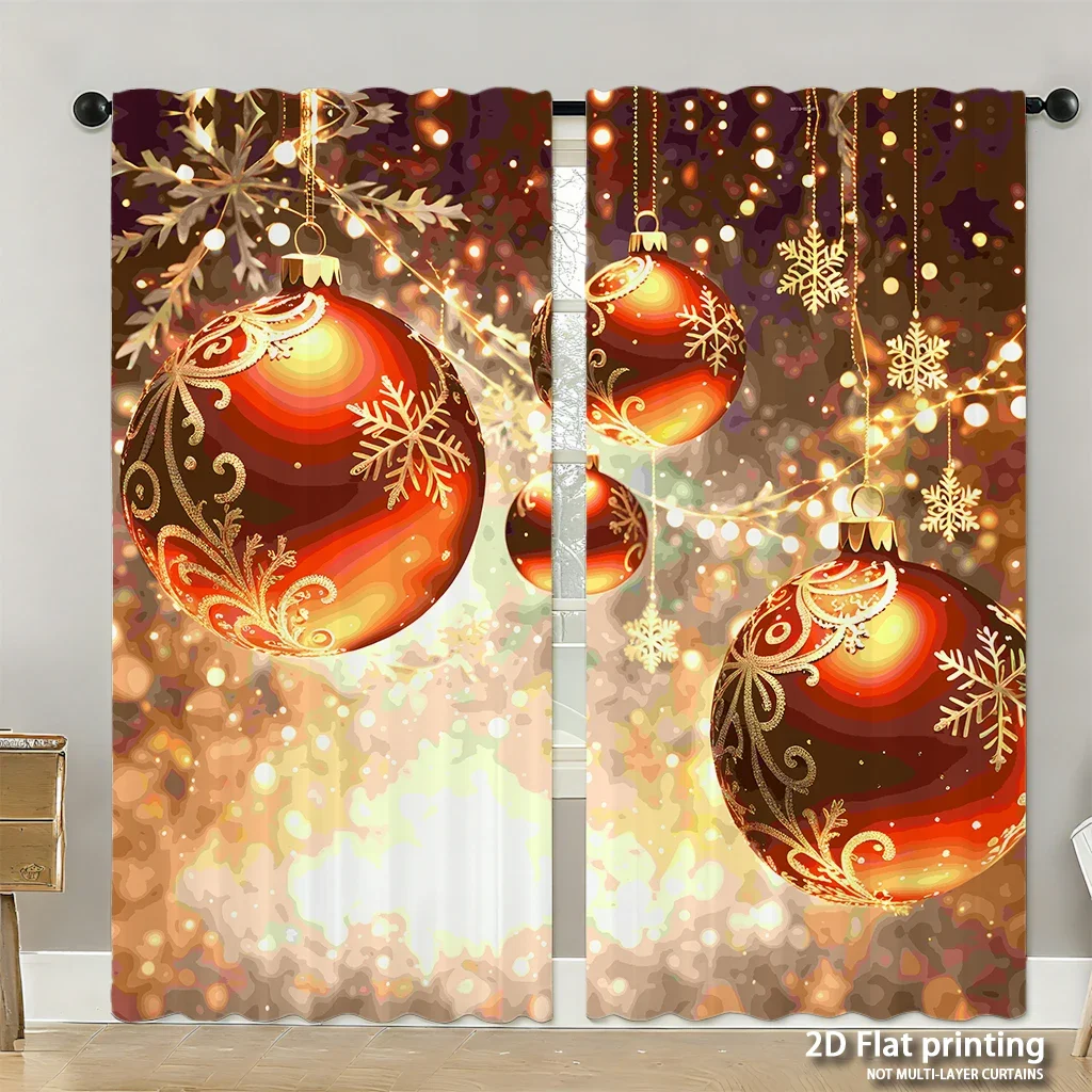 2-piece set of high-definition digital printed curtainsChristmas red golden baubles sparkling backgroundHome decoration style