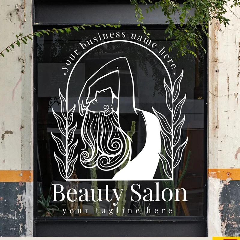 Front store beauty hair salon window and wall decal, Custom business logo letterings text in beautiful floral wreath E631