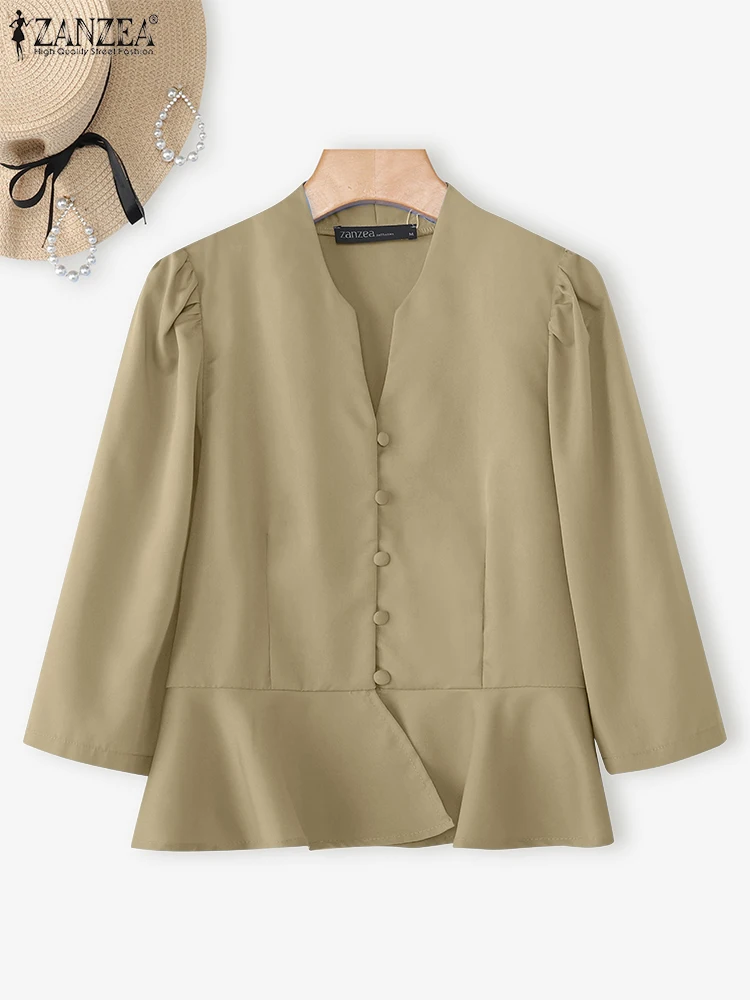 ZANZEA Blusas elegantes camisas de moda para mujer Tops de manga 3/4 Casual Túnica holgada con cuello en V 2025 Tops Vintage de Color sólido con botones
