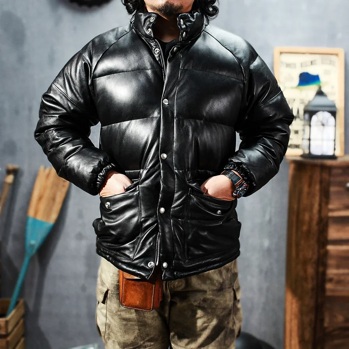 

SDGD980 Asian Size High Quality Super Warm Genuine Goat Skin Leather Coat Mens Casual Down Jacket 350G