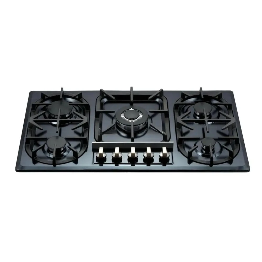 موقد غاز مدمج من الفولاذ المقاوم للصدأ باللون الأسود مكون من 5 شعلات لعام 2025 مع دعم من الحديد الزهر - أجهزة مطبخ تجارية للمنزل