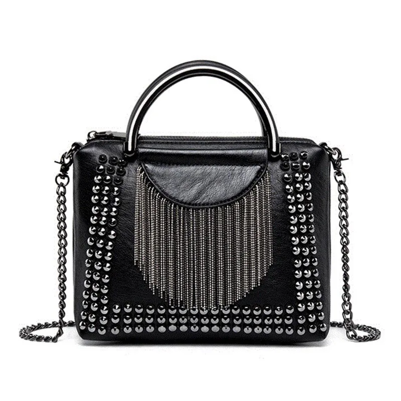 Rivet Design Women Handbag mini Fashion Chain Tassel Lady Shoulder Bags Black Girls Flap Crossbody Bag bolsa franja Totes