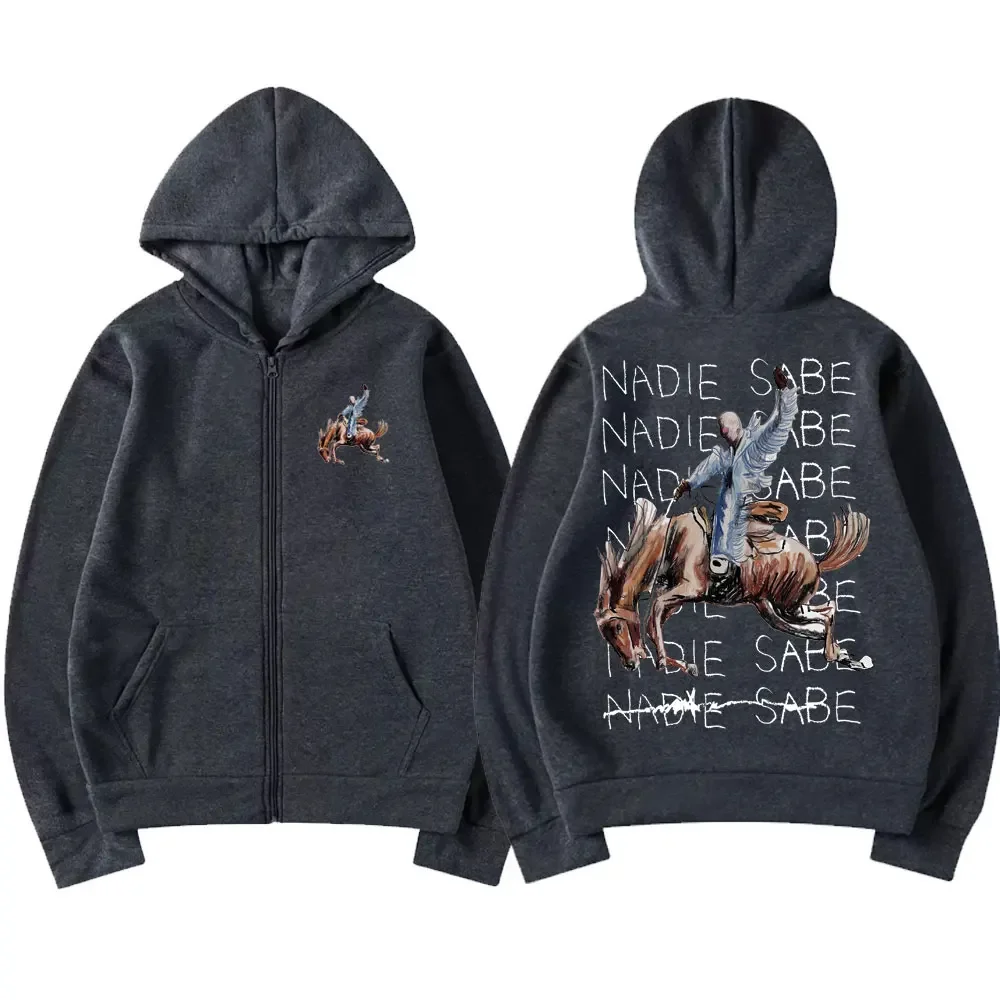 Hip Hop Vintage Bad Bunny Nadie Sabe Lo Que Va A Pasar Mañana Album Black Zipper Hoodie Long Sleeve Men Oversized Sweatshirt Y2k
