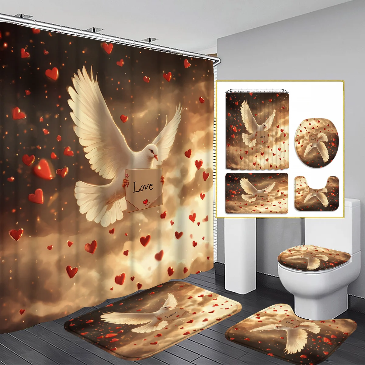 

4 шт., красивое красное сердце, любовь-мессенджер, белый голубь, узор, набор занавесок для душа, занавеска для ванной комнаты, декор для ванной комнаты, занавеска для душа