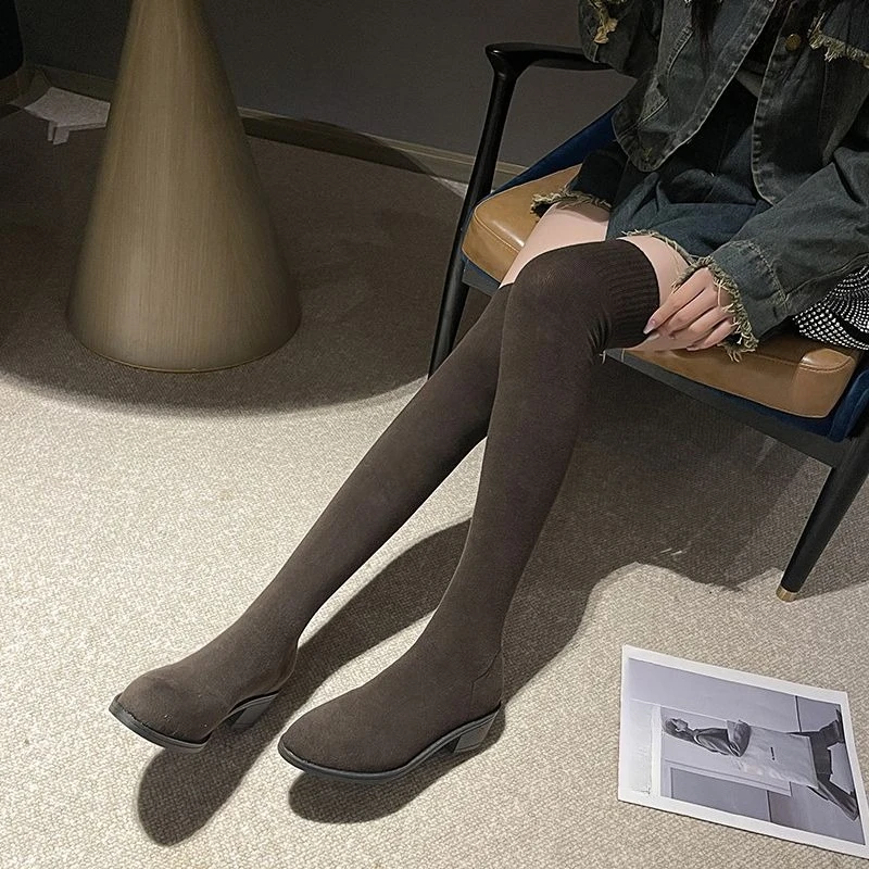 

Daily Commute Stretchy Sock Boots Women 2025 Spring Autumn Versatile Over The Knee Boots Chunky Heel Pointed Toe Slimming