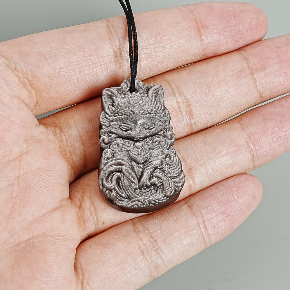 

Silver Black Fox Shape Silver Obsidian Pendant 37x23x8MM Semi Precious Stone Amulet Necklace Charm for Daily Wear Holiday Gift