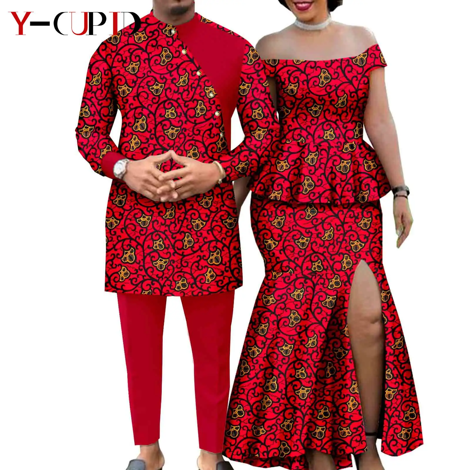 African Suits for Men Dashik Kaftan Top and Pant Sets Matching Couple Outfits Bazin Riche Women Tee and Split Skirt Sets Y23C017