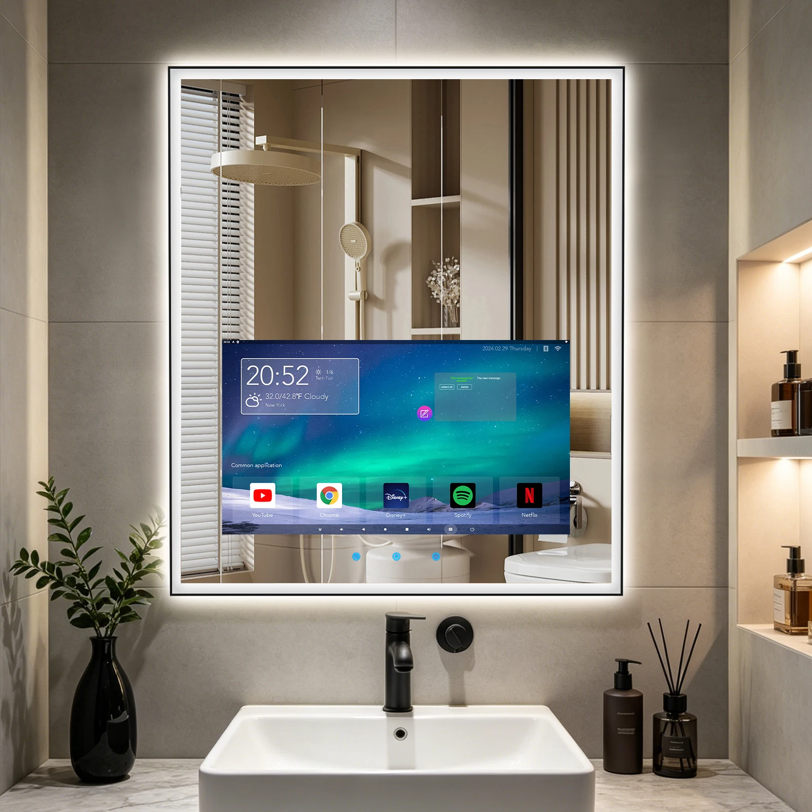 HAOCROWN Customized 4K Android 15 IP66 Smart LED Mirror Bathroom With TV Fog Mirror For Apartment Hotel Bathroom Vanities